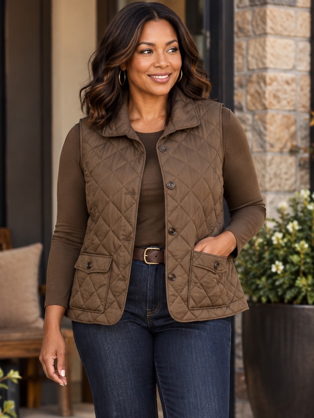 Quilted Brown Button-Front Puffer Vest Sz 2X Cottagecore Cabincore